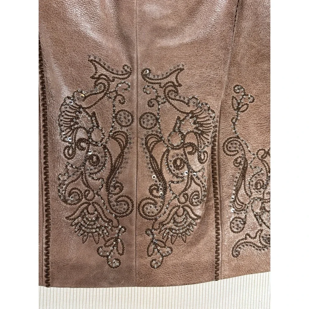 Cripple‎ Creek Women's Leather Skirt Brown Embroidered Sequin 6 Western Boho